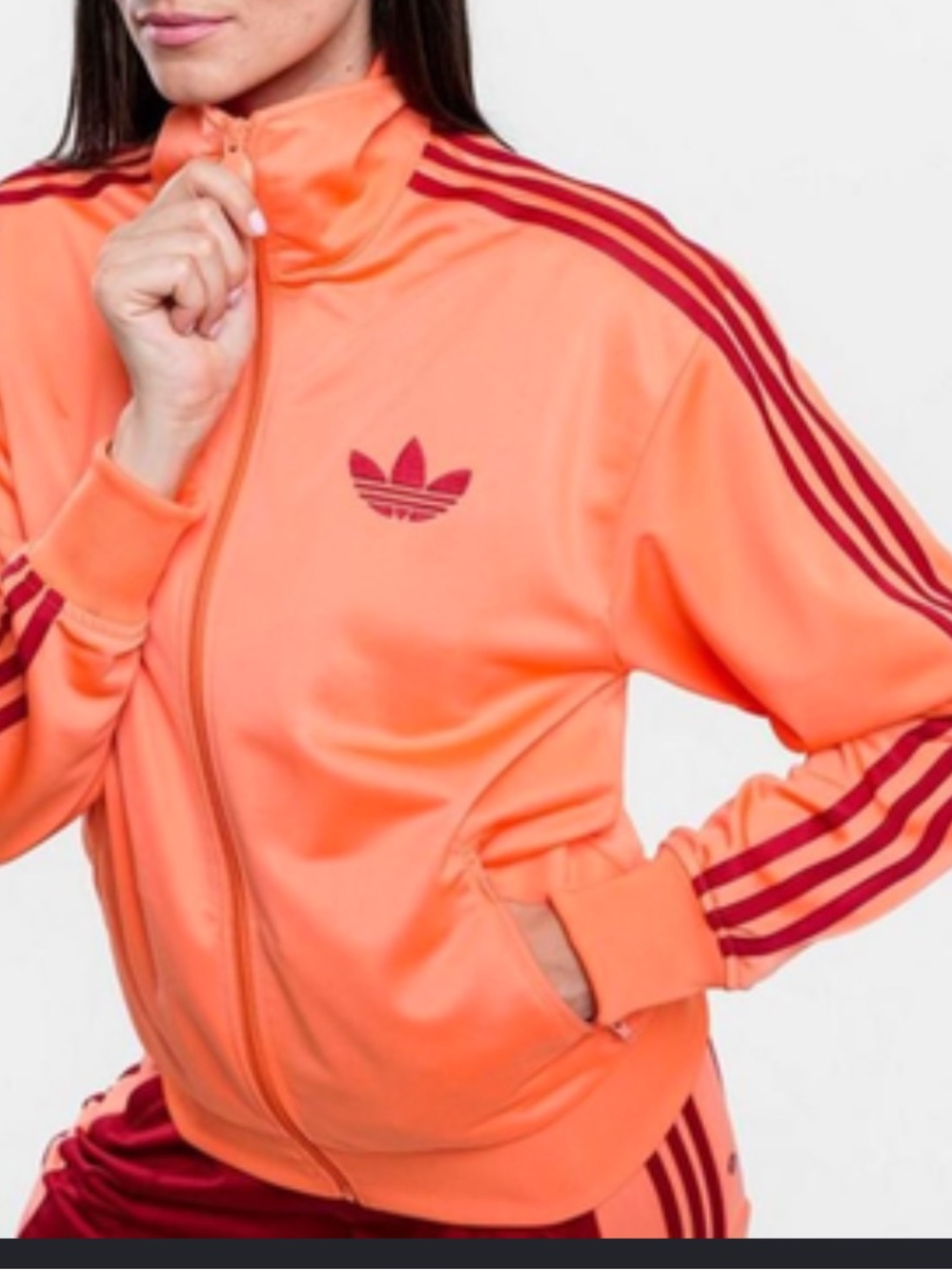 Adidas Women’s Peach Orange Track Jacket with Oxblood Red Trefoil & Stripes